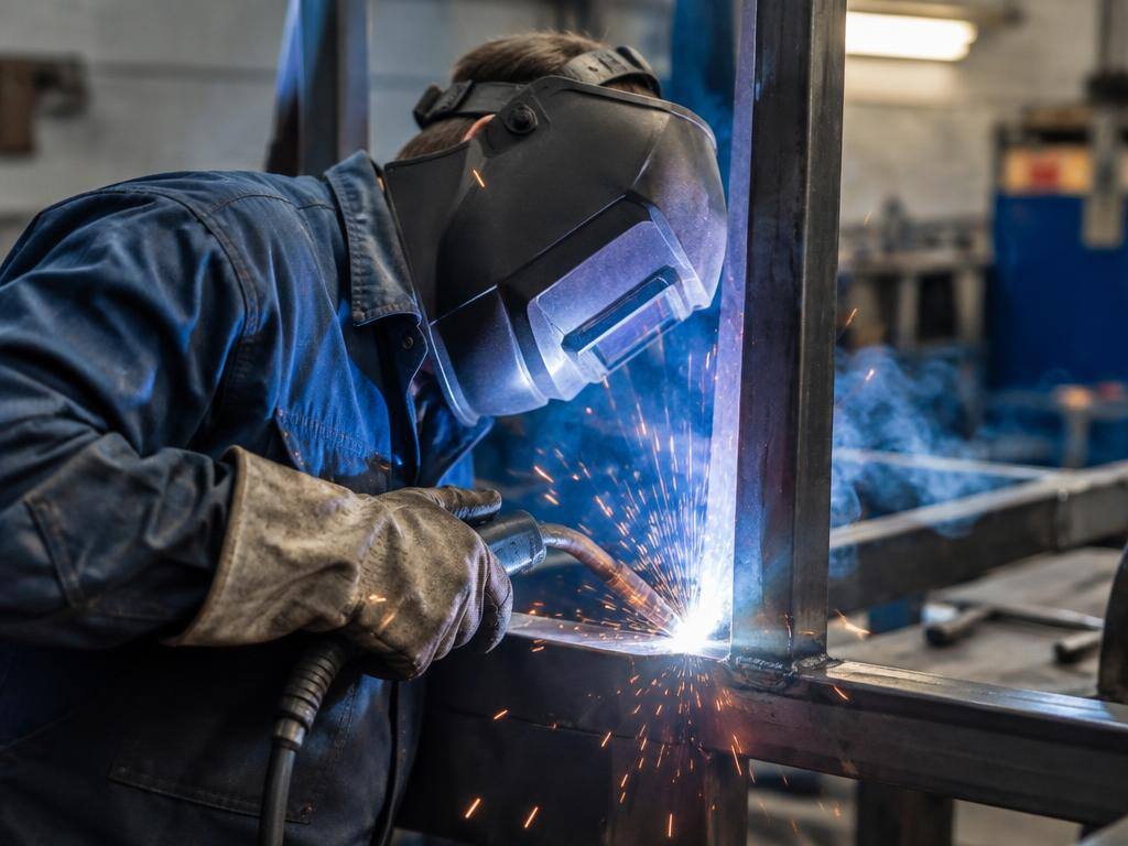 Profissional de metalúrgica realizando serviço de solda em estrutura metálica